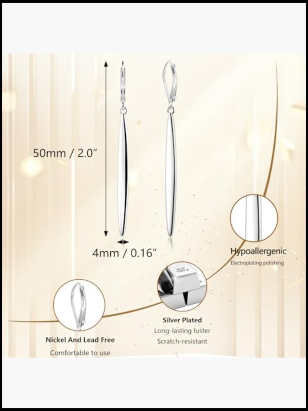 Sterling Silver Gold Plated Long Dangle Drop Earrings Minimalist Leverback - Picture 4 of 7